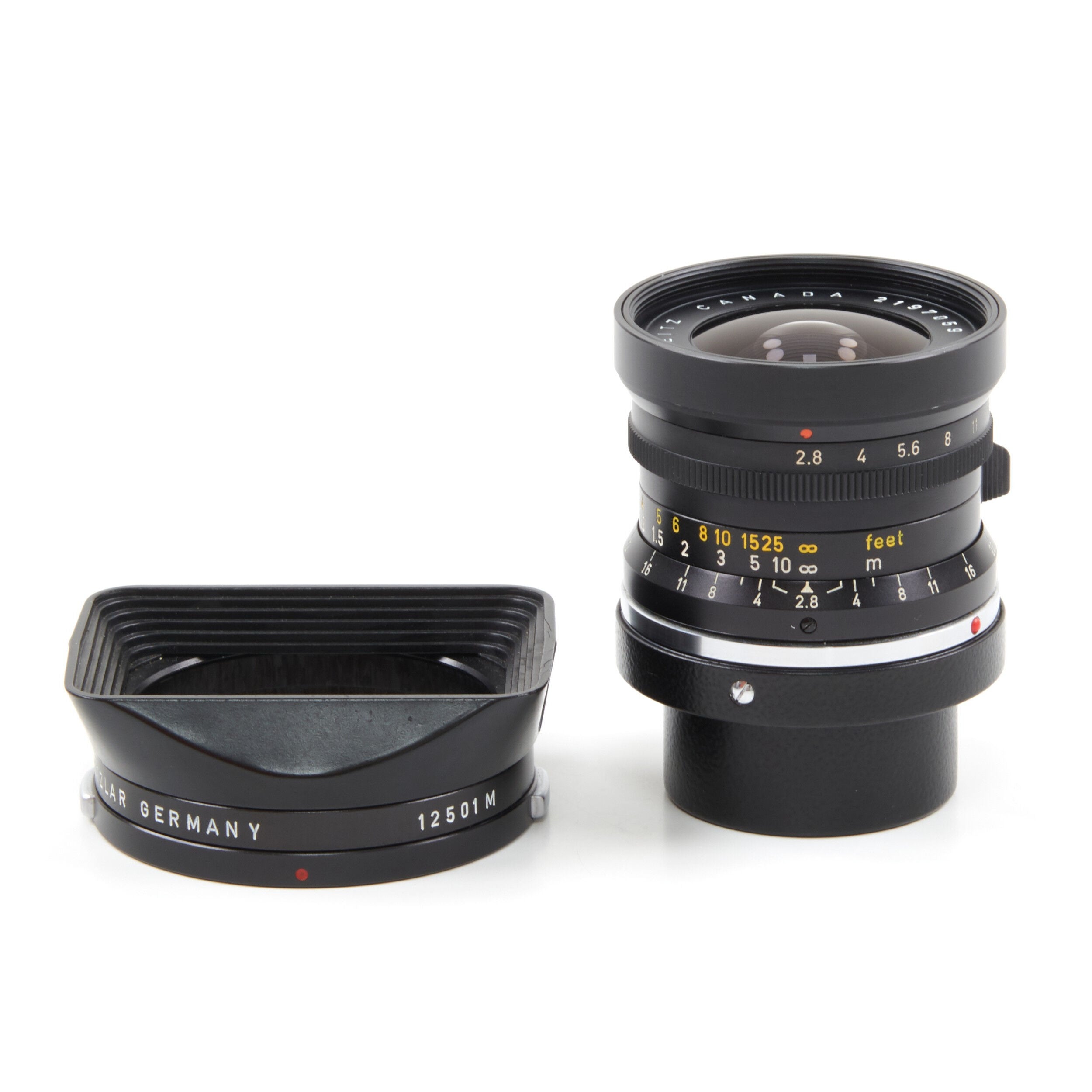 Leitz 28mm f2.8 Elmarit 9 Element Black Paint Stopper Canada + Zonnekap