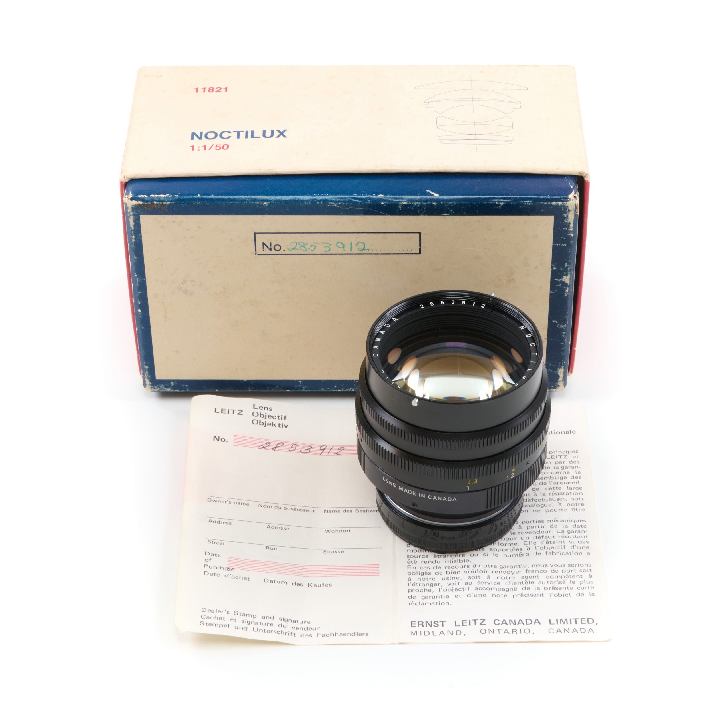 Leitz 50mm f1 Noctilux E58 + 12519 Zonnekap 2e Batch + Doos
