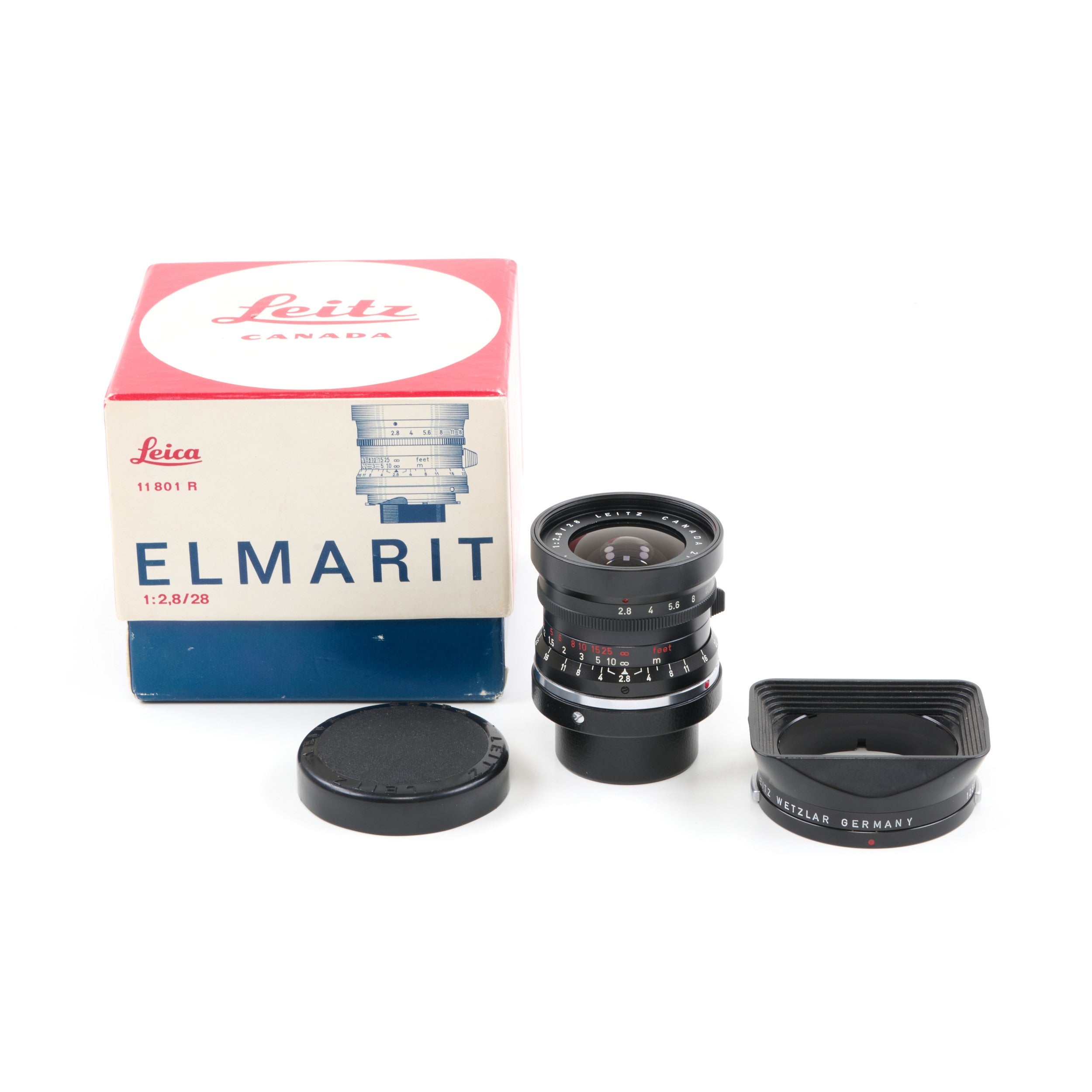 Leitz 28mm f2.8 Elmarit 9 Element Black Paint Stopper Canada + Zonnekap + Doos